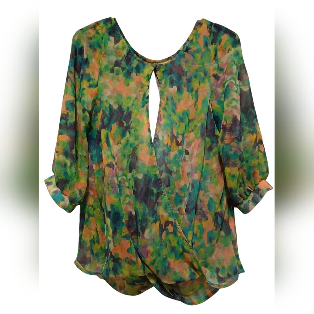 Lush Sheer Floral Blouse - Size SmallGreen/Orange Abstract Print